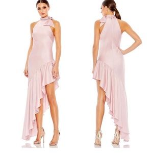 MAC DUGGAL Light Pink Halter Neck Ruffled Asymmetrical Gown
